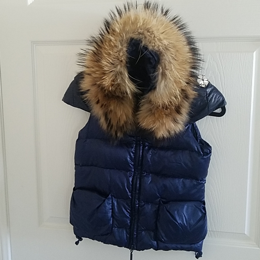 Vintage Fox Fur Lined Hoodie Navy Blue Puffy Vest